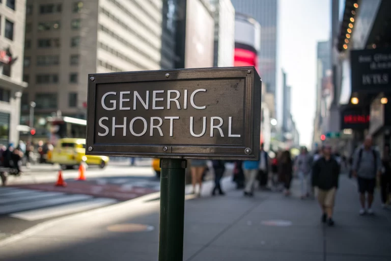 Cinematic image featuring a generic short URL on a sleek metallic signpost in a vibrant urban environment, with a sharp contrast between the focused foreground and blurred cityscape background.