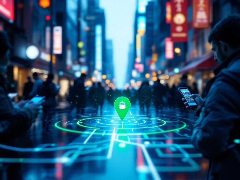 Urban setting illustrating geotargeting technologies with a digital map on a smartphone, showcasing a highlighted radius around a coffee shop icon. People engage with their devices against a backdrop of atmospheric lighting in blue and neon green colors.