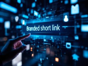 A digital screen displaying a branded short link URL, set against a backdrop of social media icons and muted notifications. The image uses atmospheric backlighting with dominant blue and white colors, focusing on the sleek design and professional appearance of the interface.