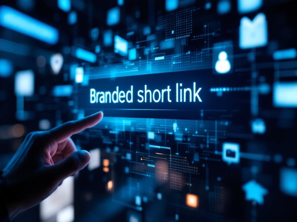 A digital screen displaying a branded short link URL, set against a backdrop of social media icons and muted notifications. The image uses atmospheric backlighting with dominant blue and white colors, focusing on the sleek design and professional appearance of the interface.