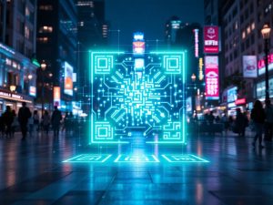 Urban city square featuring dynamic QR codes illuminated by dramatic spotlighting, set against an electric blue and neon green backdrop, highlighting their futuristic design and geometric patterns.