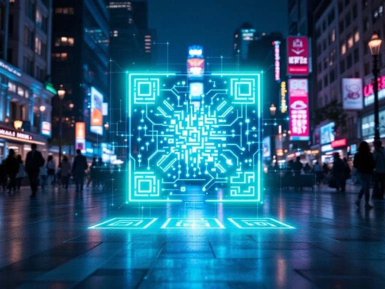 Urban city square featuring dynamic QR codes illuminated by dramatic spotlighting, set against an electric blue and neon green backdrop, highlighting their futuristic design and geometric patterns.