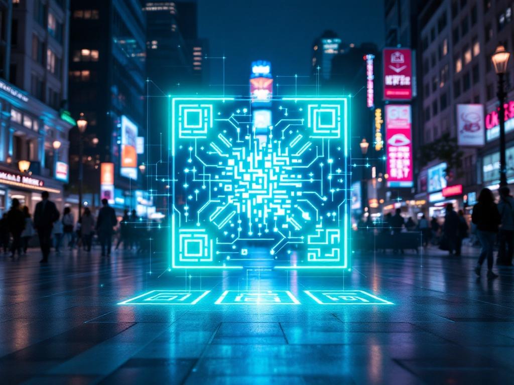 Urban city square featuring dynamic QR codes illuminated by dramatic spotlighting, set against an electric blue and neon green backdrop, highlighting their futuristic design and geometric patterns.