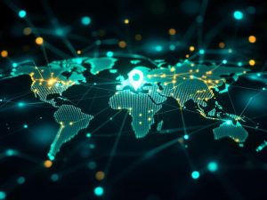 A visually striking image depicting branded links as glowing URLs and geotargeted links as dynamic pathways on a world map. The scene is filled with blue and green shades, representing technology and trust, with a symmetrical composition focusing on digital navigation.