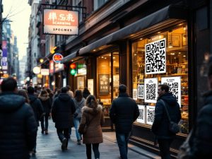 A bustling urban street scene featuring a shop's storefront with large QR codes prominently displayed. The vibrant city background contrasts with the black and white QR codes, highlighted by a soft glow. The foreground is sharp, while a blurred crowd conveys movement and curiosity towards the QR codes.