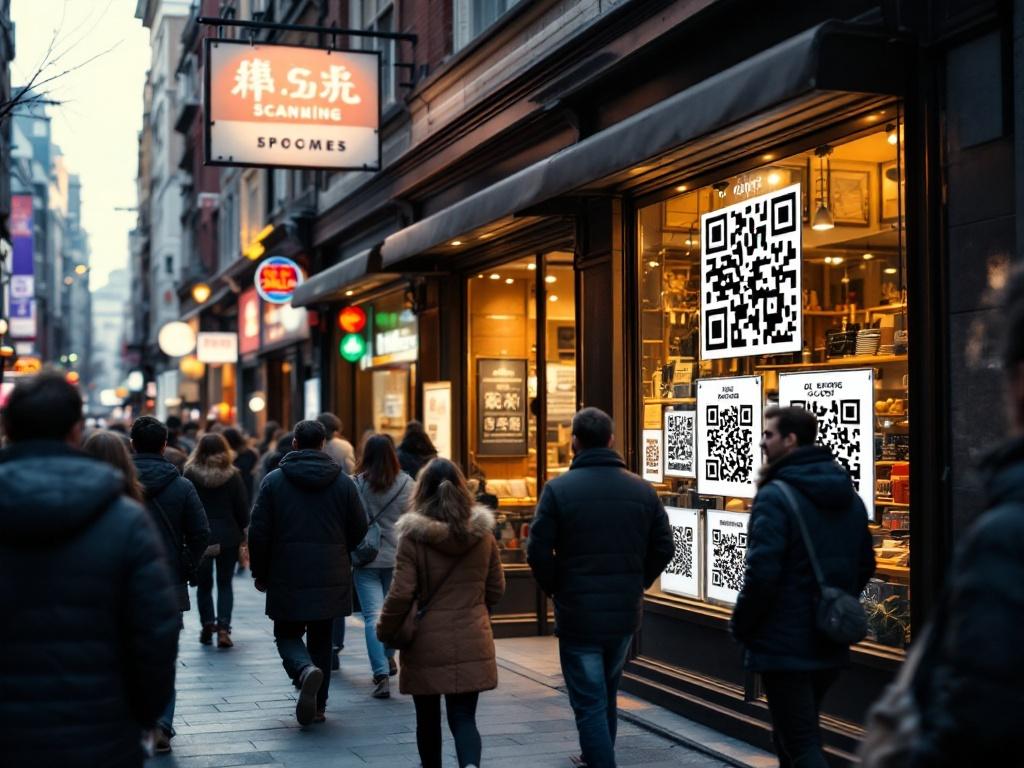 A bustling urban street scene featuring a shop's storefront with large QR codes prominently displayed. The vibrant city background contrasts with the black and white QR codes, highlighted by a soft glow. The foreground is sharp, while a blurred crowd conveys movement and curiosity towards the QR codes.
