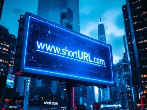 Cinematic image of a digital billboard showing a short URL in bold on a cityscape background. The scene features modern skyscrapers with electric blue and silver colors, showcasing sharp shadows and negative space.