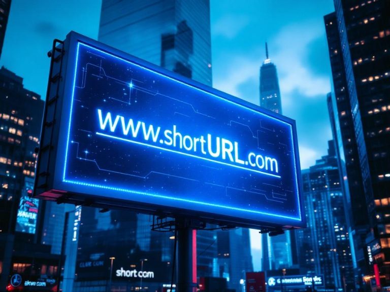 Cinematic image of a digital billboard showing a short URL in bold on a cityscape background. The scene features modern skyscrapers with electric blue and silver colors, showcasing sharp shadows and negative space.