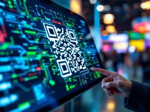 Close-up view of a tablet screen displaying a distinct QR code with branding elements, set in a tradeshow environment with blurred colorful booths in the background and soft lighting. The composition highlights the glossy tablet surface and engaging digital textures.