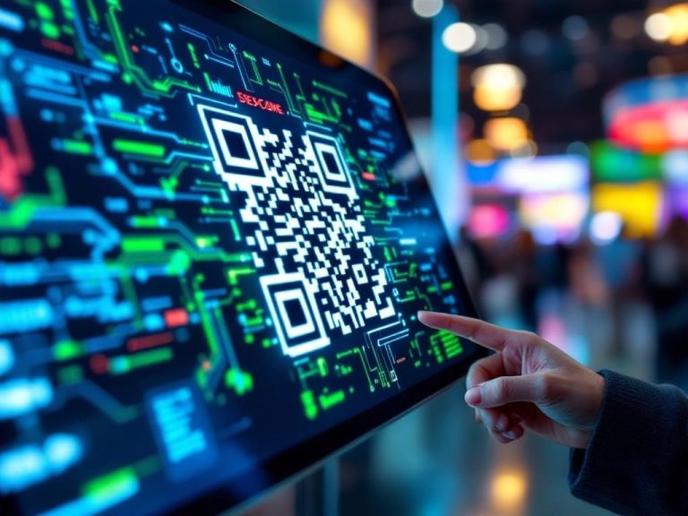 Close-up view of a tablet screen displaying a distinct QR code with branding elements, set in a tradeshow environment with blurred colorful booths in the background and soft lighting. The composition highlights the glossy tablet surface and engaging digital textures.
