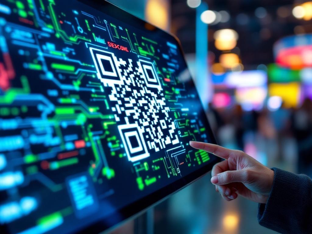 Close-up view of a tablet screen displaying a distinct QR code with branding elements, set in a tradeshow environment with blurred colorful booths in the background and soft lighting. The composition highlights the glossy tablet surface and engaging digital textures.
