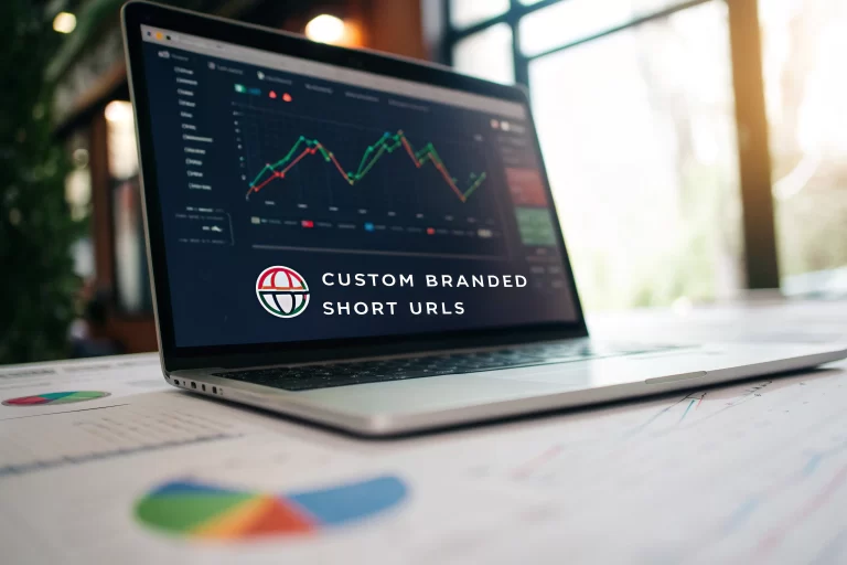 Custom branded short URLs displayed on a digital marketing dashboard with a blurred background of metrics and graphs, conveying brand visibility and strategic planning.