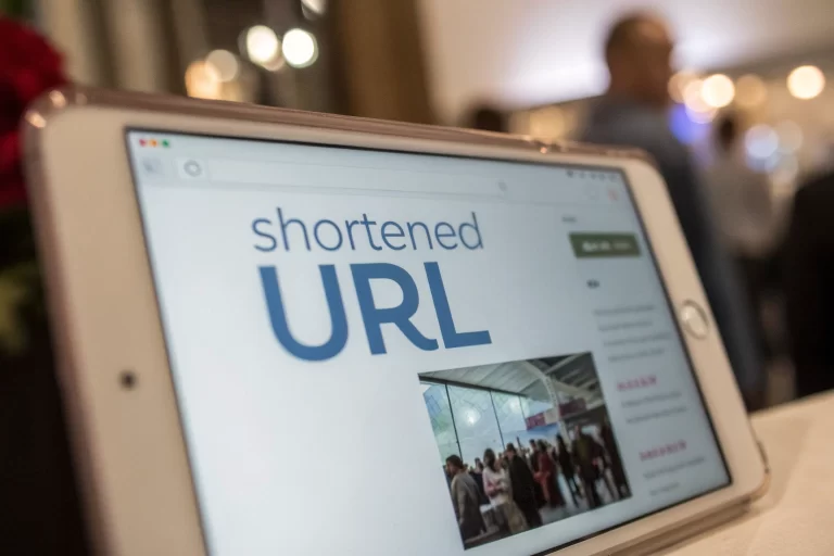 A smartphone screen showing a branded shortened URL link in a modern font, surrounded by a clean social media interface and a soft glow.