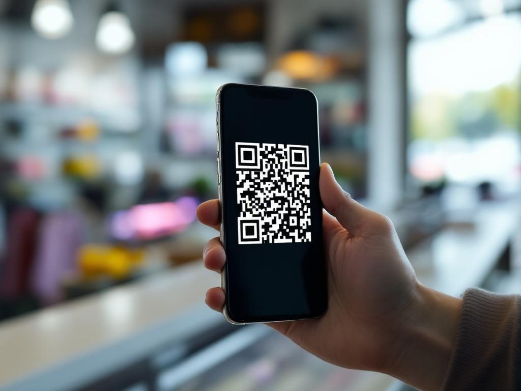 Close-up of a smartphone with a QR code on its screen, set against a blurred retail backdrop. The phone's glossy surface reflects ambient light, enhancing the visibility of the QR code.