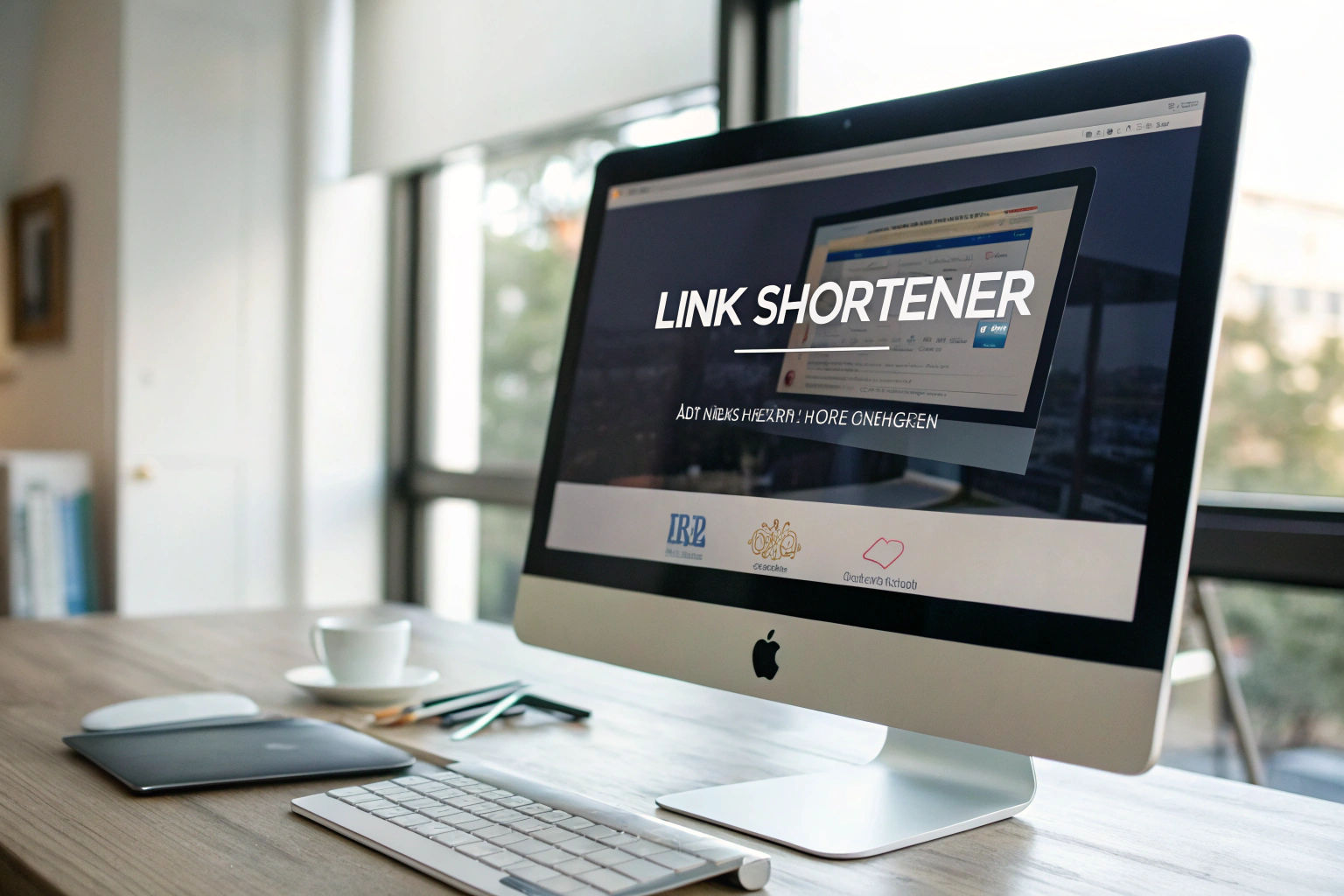 A close-up of a computer interface showing a branded link shortener, with a modern keyboard and monitor. The design is sleek and professional, situated in an ambient-lit office environment.