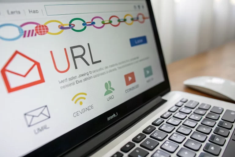 A vibrant digital screen depicting a URL shortener interface. The interface shows a process of creating a branded link, surrounded by email icons. The image captures a clean workspace with vivid lighting and environmental elements like a keyboard and mouse, emphasizing a modern digital atmosphere.