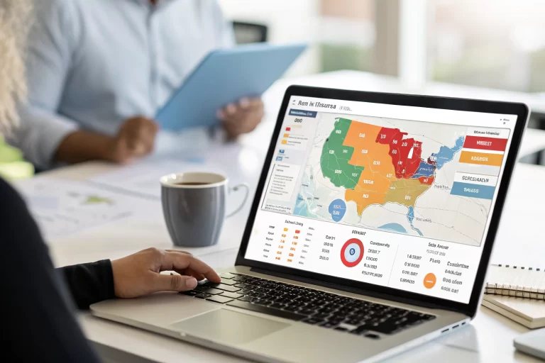 A digital marketing dashboard showcasing geotargeting strategies with a map and highlighted zones in a modern office environment, focused on the importance of data-driven marketing.