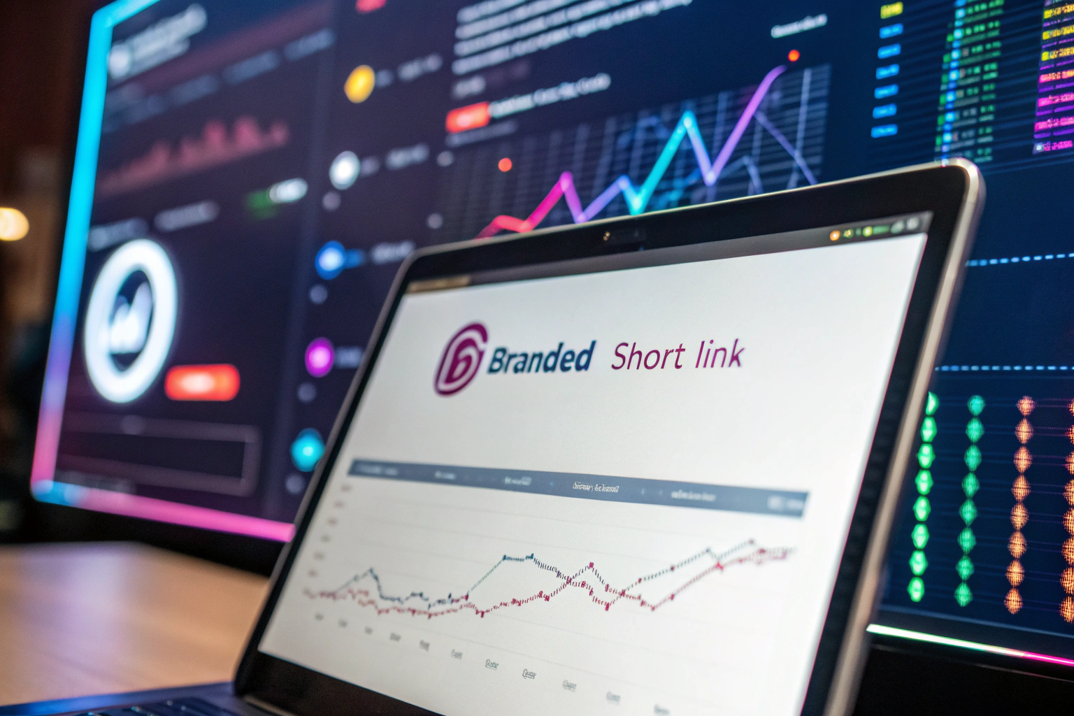 Close-up of a digital device screen showing a branded short link with analytics data including charts and graphs in vibrant colors, evoking a sense of futuristic technology.