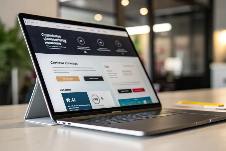 A focused view of a digital device showcasing a custom branded landing page in a clean, minimalist workspace. The screen features interactive links in an appealing layout, emphasized by soft lighting and a blurred background.
