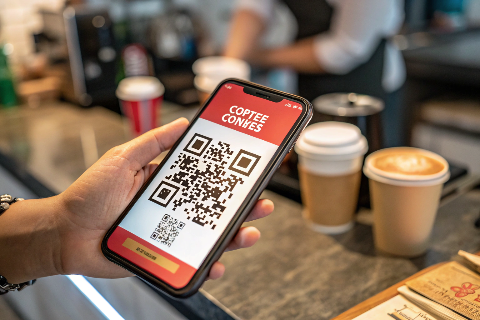 Close-up of a smartphone displaying a vibrant dynamic QR code, held by a blurred hand in a coffee shop setting, emphasizing modern technology and mobile engagement.