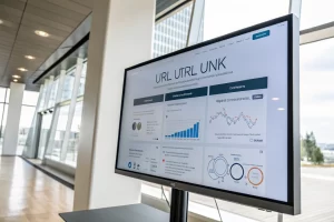 A digital screen showcasing a stylish URL shortener interface with a branded link, metrics, and charts in a bright, minimalist office environment.