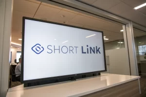 A digital screen showcasing a sleek branded short link in a modern office, highlighted by soft lighting in a clutter-free environment.