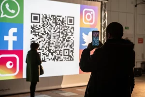 A visually striking image of a QR code positioned centrally, surrounded by a colorful digital backdrop, featuring sharp shadows and a symmetrical design that highlights its importance. Symbolic elements of connectivity are subtly integrated into the composition.