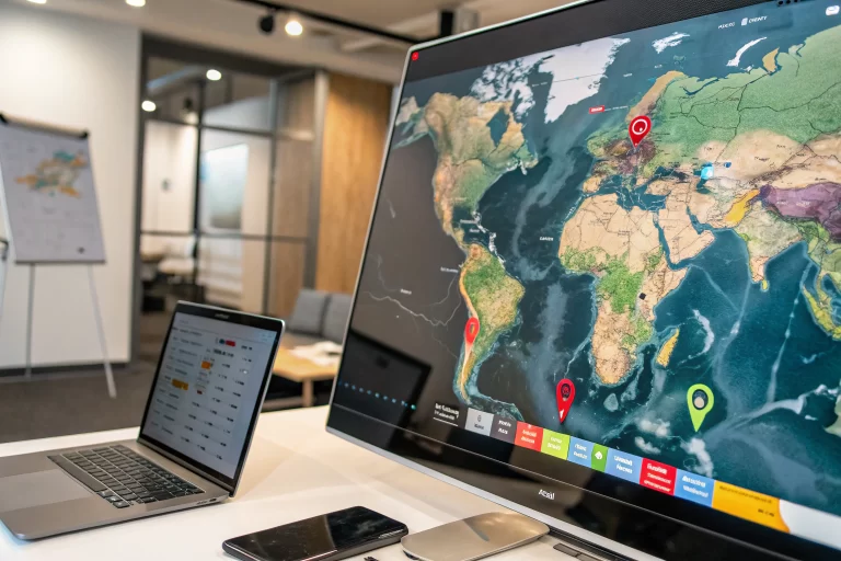 Digital map with geographic markers in an office setting, showcasing colorful geotargeted zones and modern technology elements like a laptop and smartphone.
