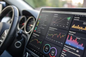 Close-up of a digital analytics dashboard with colorful graphs and charts, highlighting link tracking tools for optimizing marketing strategies. Vivid colors and sharp shadows enhance the sleek interface, evoking the sensation of real-time data analysis.
