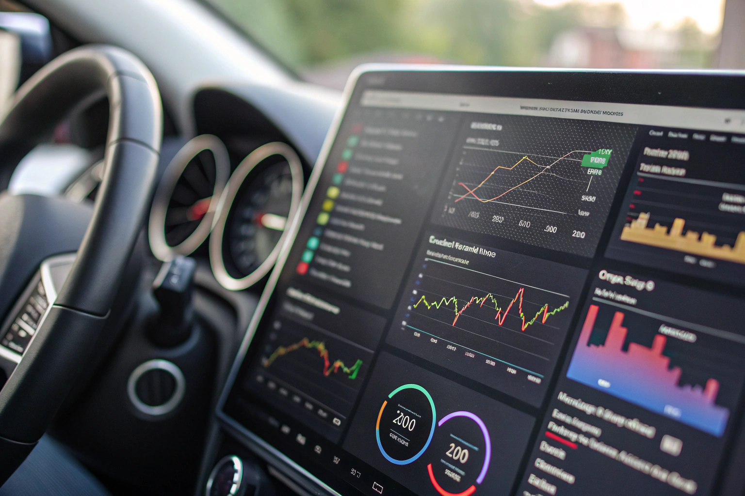 Close-up of a digital analytics dashboard with colorful graphs and charts, highlighting link tracking tools for optimizing marketing strategies. Vivid colors and sharp shadows enhance the sleek interface, evoking the sensation of real-time data analysis.
