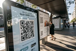 A digital device screen showcasing a contemporary QR code in a marketing environment. The image emphasizes a high-tech atmosphere with dynamic shadows and framing elements.