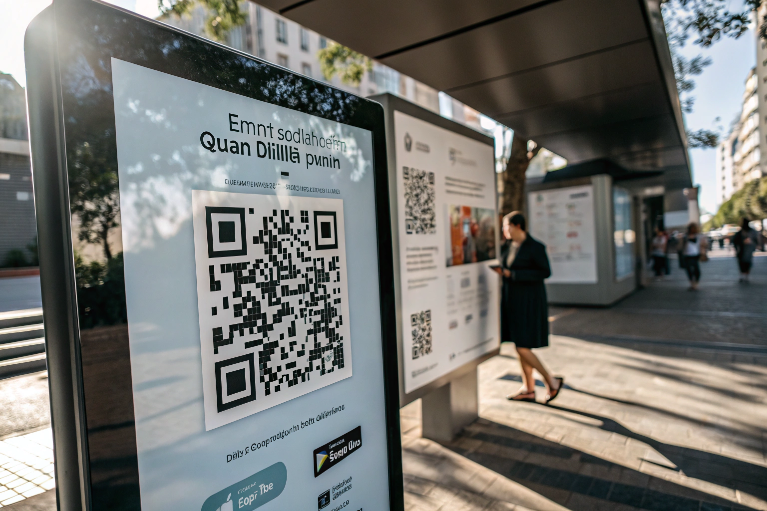 A digital device screen showcasing a contemporary QR code in a marketing environment. The image emphasizes a high-tech atmosphere with dynamic shadows and framing elements.