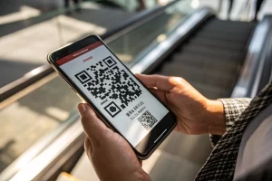 A smartphone actively scanning a dynamic QR code, featuring sharp shadows and a blurred background to highlight the QR code's clarity and significance in modern marketing.