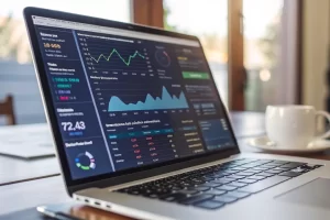 Computer screen showcasing vibrant analytics graphs and charts in a digital marketing environment, illuminated by natural light. Focused foreground with blurred background.