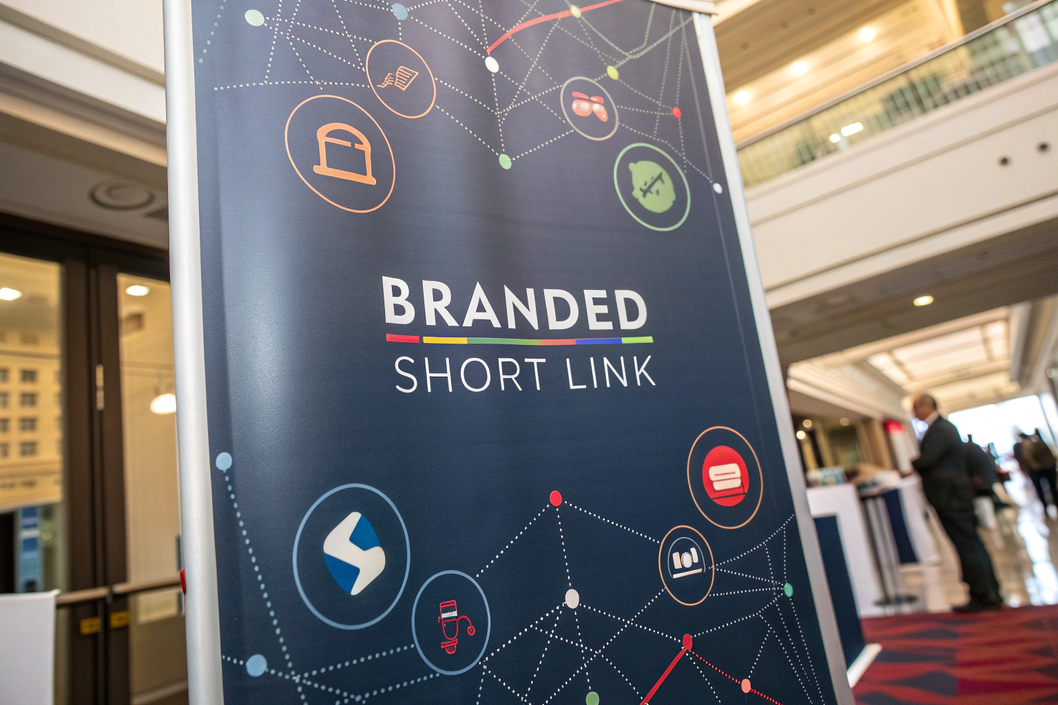 A digital marketing poster showcasing a branded short link at its center, surrounded by abstract digital graphs and a social media feed. The link is designed to be sleek and professional, with vivid colors highlighting its sharpness and clarity.