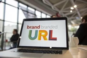Framed digital screen showing a branded URL in vibrant colors, set in a modern office with keyboard and mouse elements.