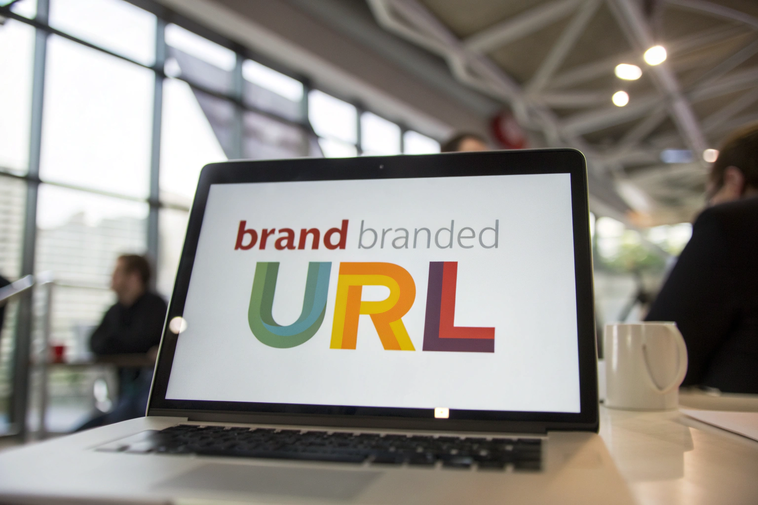 Framed digital screen showing a branded URL in vibrant colors, set in a modern office with keyboard and mouse elements.