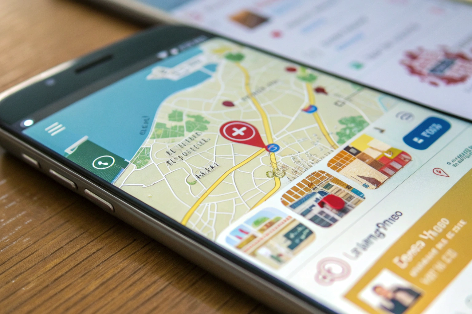 Close-up view of a smartphone screen showing a detailed map with highlighted local businesses and promotional offers, emphasizing a user engaging with location-based advertisements.