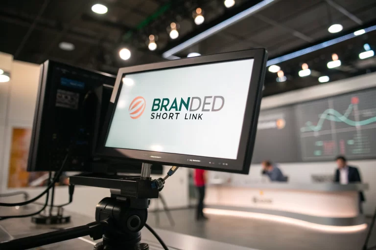 A focused view of a branded short link on a modern digital marketing dashboard, with blurred graphs and charts in the background, showcasing a clean and professional design.