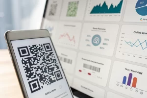 Extreme close-up of a QR code with sharp shadows, set against a sleek digital marketing dashboard filled with analytical graphs and mobile icons, highlighting its texture and detail.