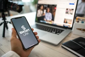Smartphone displaying a branded URL short link in a social media marketing workspace, with blurred desk and laptop in the background.