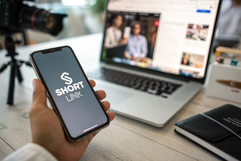 Smartphone displaying a branded URL short link in a social media marketing workspace, with blurred desk and laptop in the background.