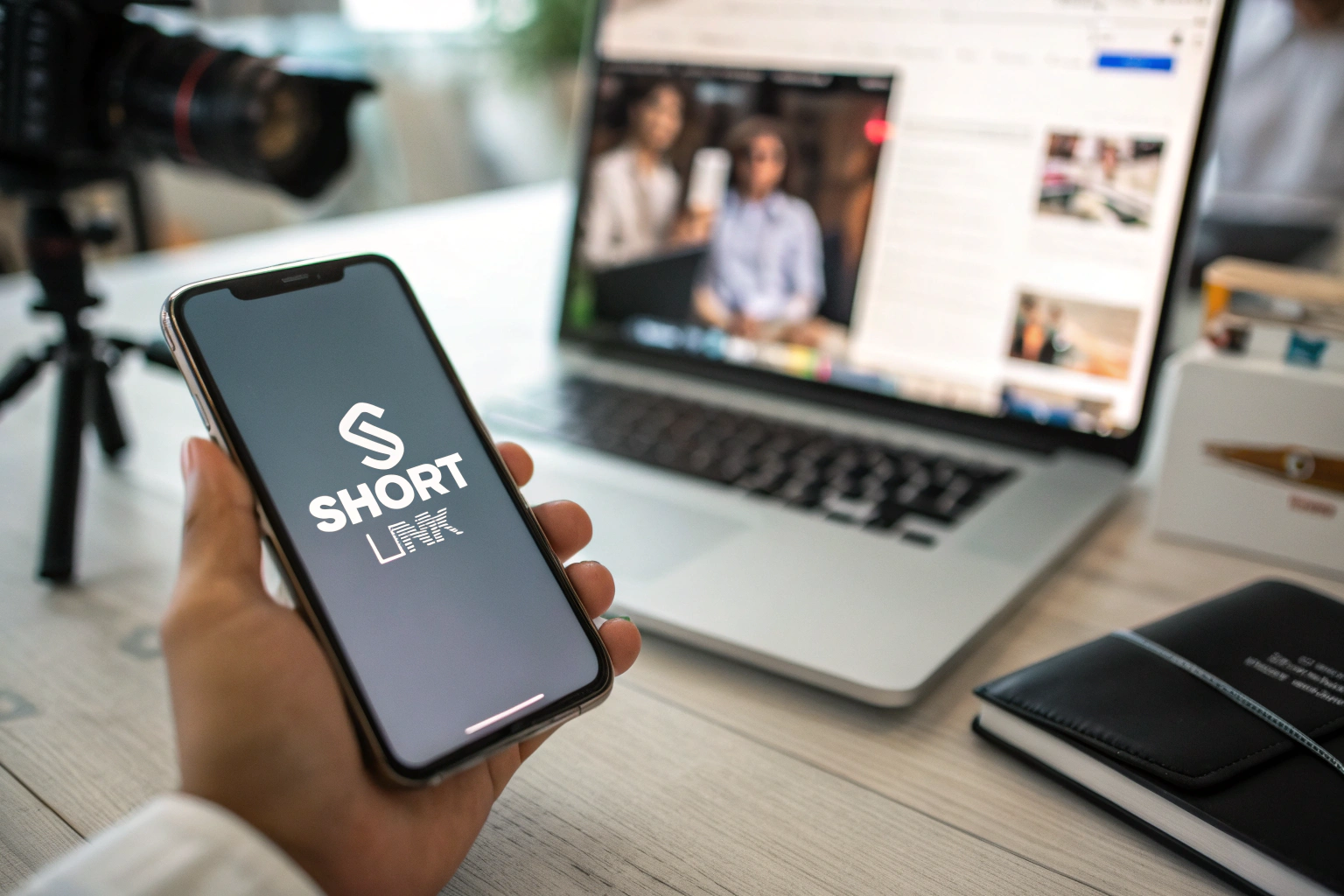 Smartphone displaying a branded URL short link in a social media marketing workspace, with blurred desk and laptop in the background.