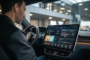 A digital dashboard displaying a branded link generator platform with clear focus on user interface elements. Features include domain selection, link customization tools, and real-time analytics. The workspace is illuminated with natural light, creating a modern and clean atmosphere.