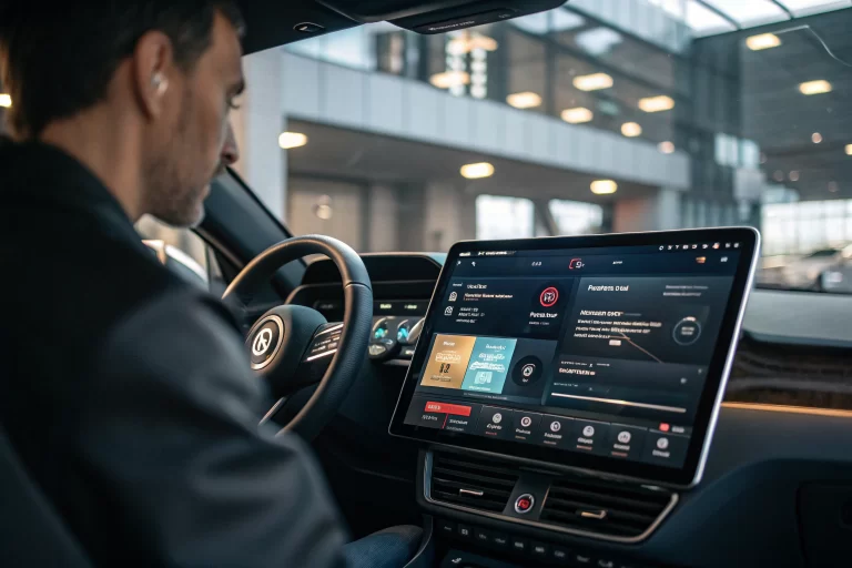 A digital dashboard displaying a branded link generator platform with clear focus on user interface elements. Features include domain selection, link customization tools, and real-time analytics. The workspace is illuminated with natural light, creating a modern and clean atmosphere.
