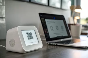 A compact URL shortener device prominently displayed in a minimalistic workspace, featuring a sleek design and a user-friendly screen with a QR code and short URL, enhanced by atmospheric backlighting.
