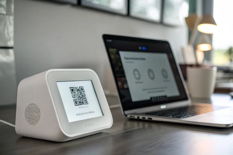 A compact URL shortener device prominently displayed in a minimalistic workspace, featuring a sleek design and a user-friendly screen with a QR code and short URL, enhanced by atmospheric backlighting.