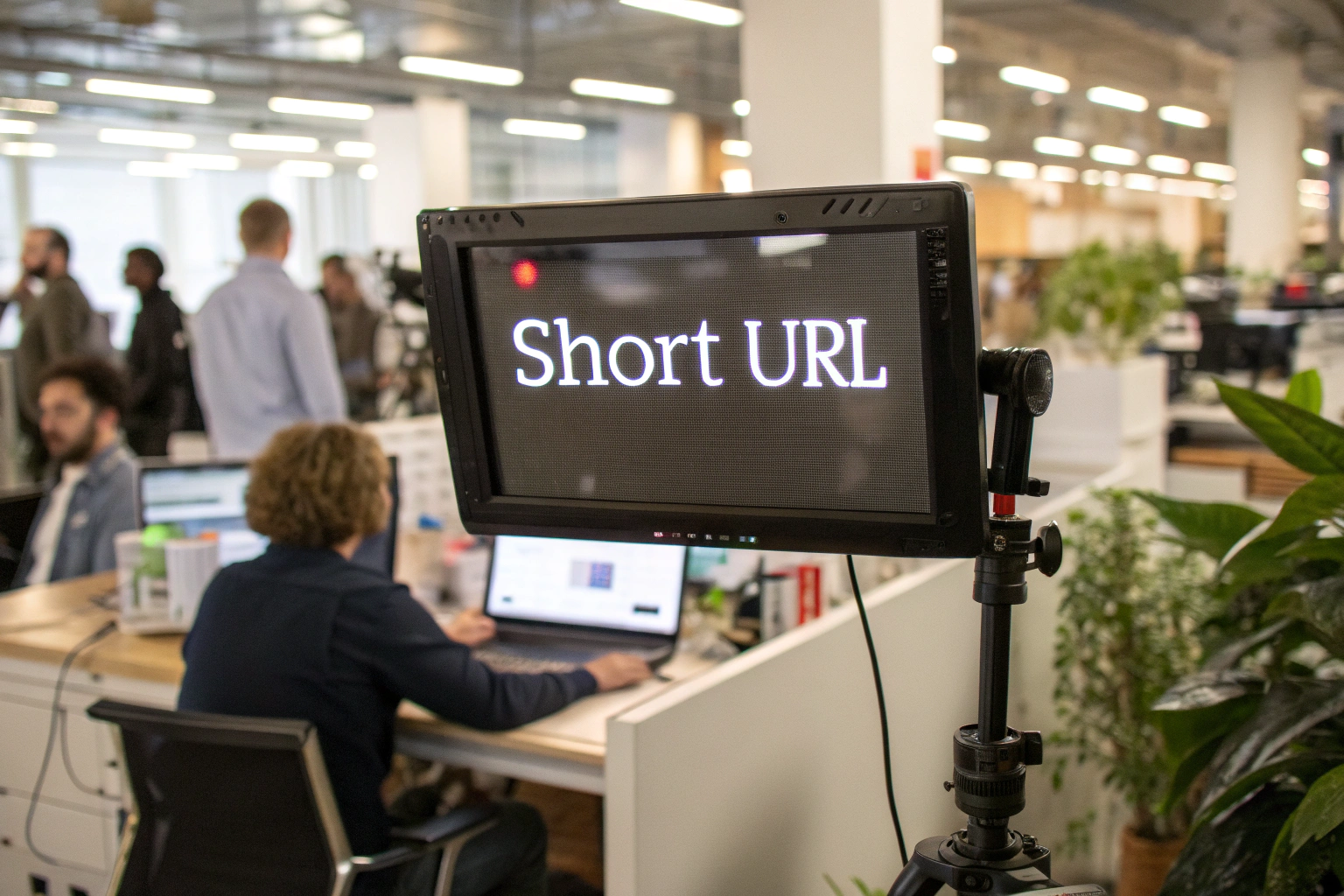 Digital screen showcasing a short URL link in a busy marketing office, emphasizing clarity with sharp shadows and an off-center composition.