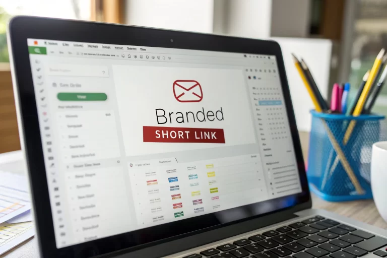 Modern email interface on a digital screen showcasing a bright branded short link, set in a professional environment.