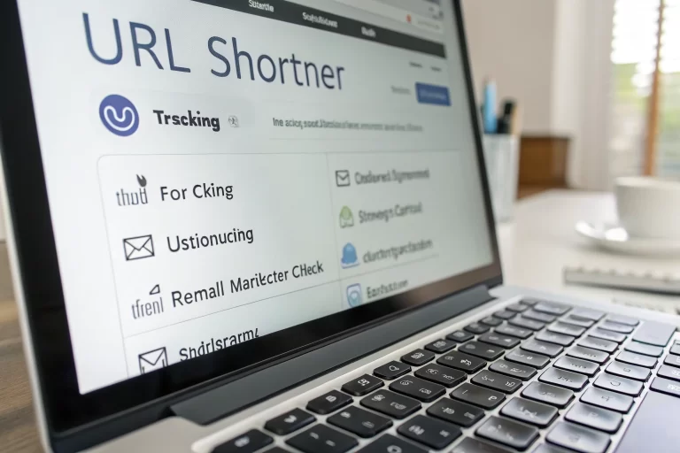 A modern computer screen displaying a sleek URL shortener interface with options for branded links and tracking clicks, set in a minimalistic workspace.